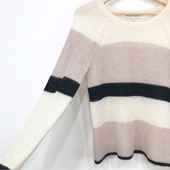 White + Warren Black Blush Cream 100% Cashmere Lightweight Striped Sweater - Picture 6 of 14